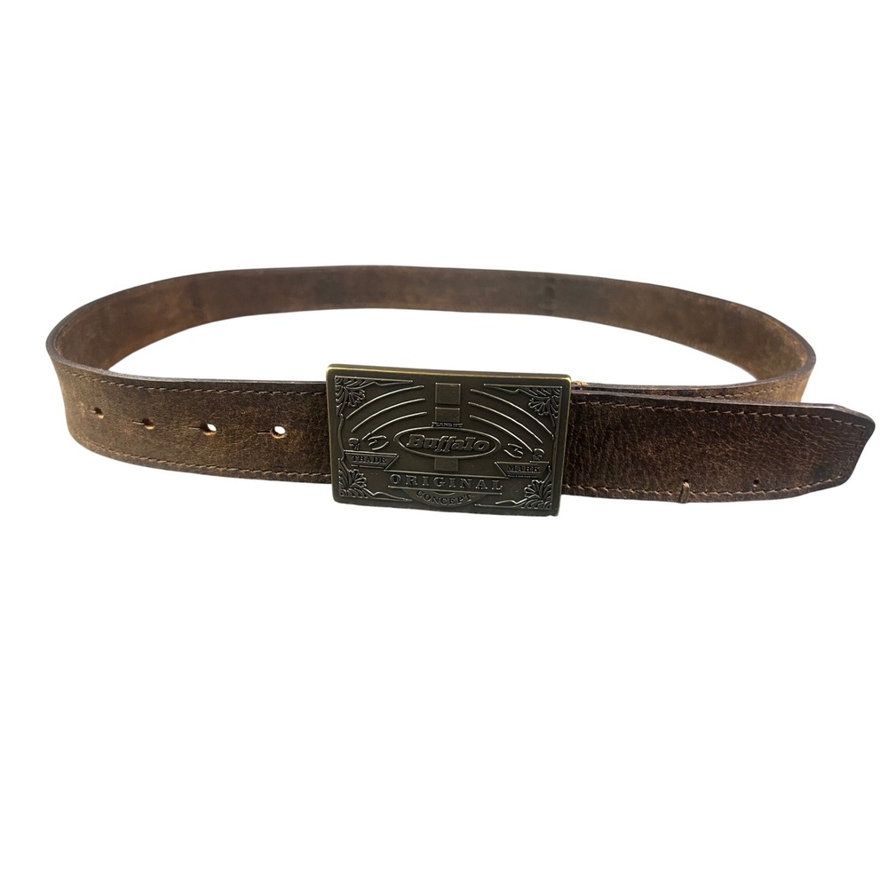 Buffalo David Bitton Mens Brown Leather Belt Brass Logo Plate Buckle 09-1707